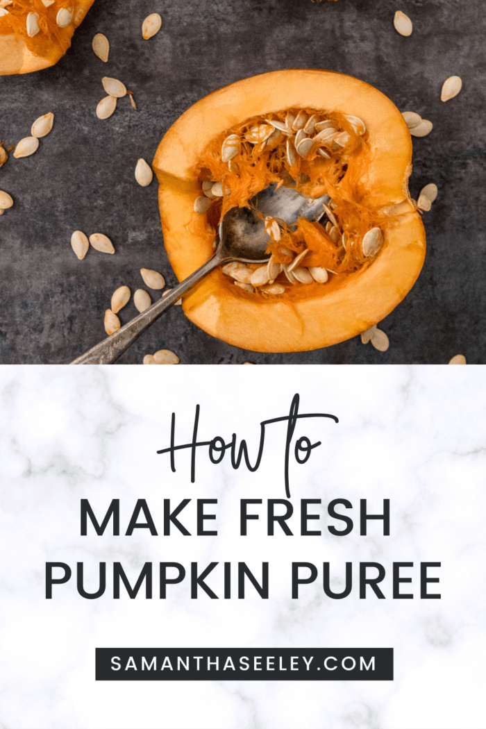 sliced open pumpkin with spoon and seeds