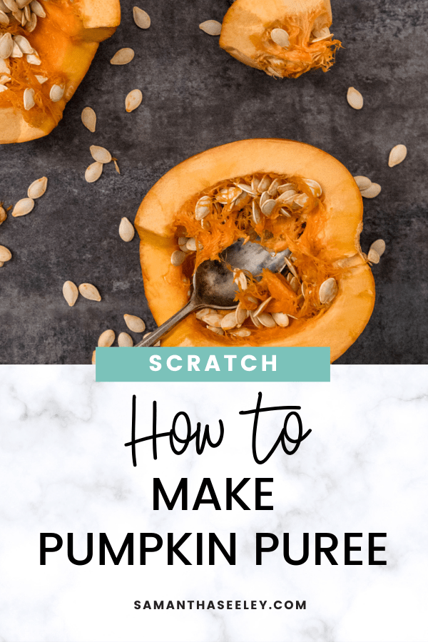 sliced open pumpkin with spoon and seeds