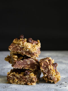 stacked chocolate and peanut butter oatmeal bars