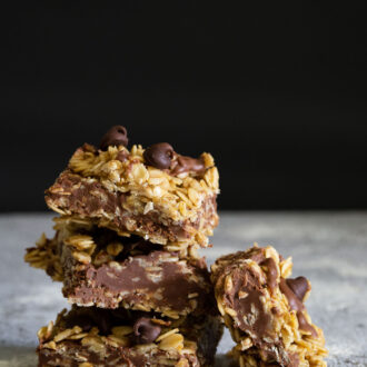 stacked chocolate and peanut butter oatmeal bars