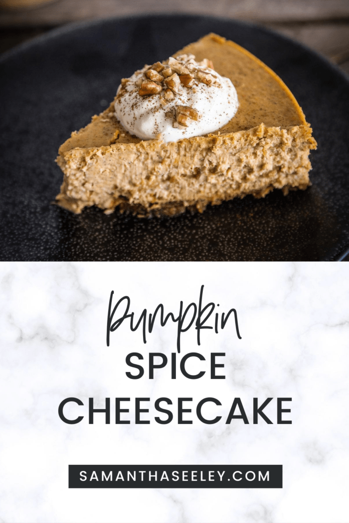 pumpkin cheesecake topped with whipped cream and pecans