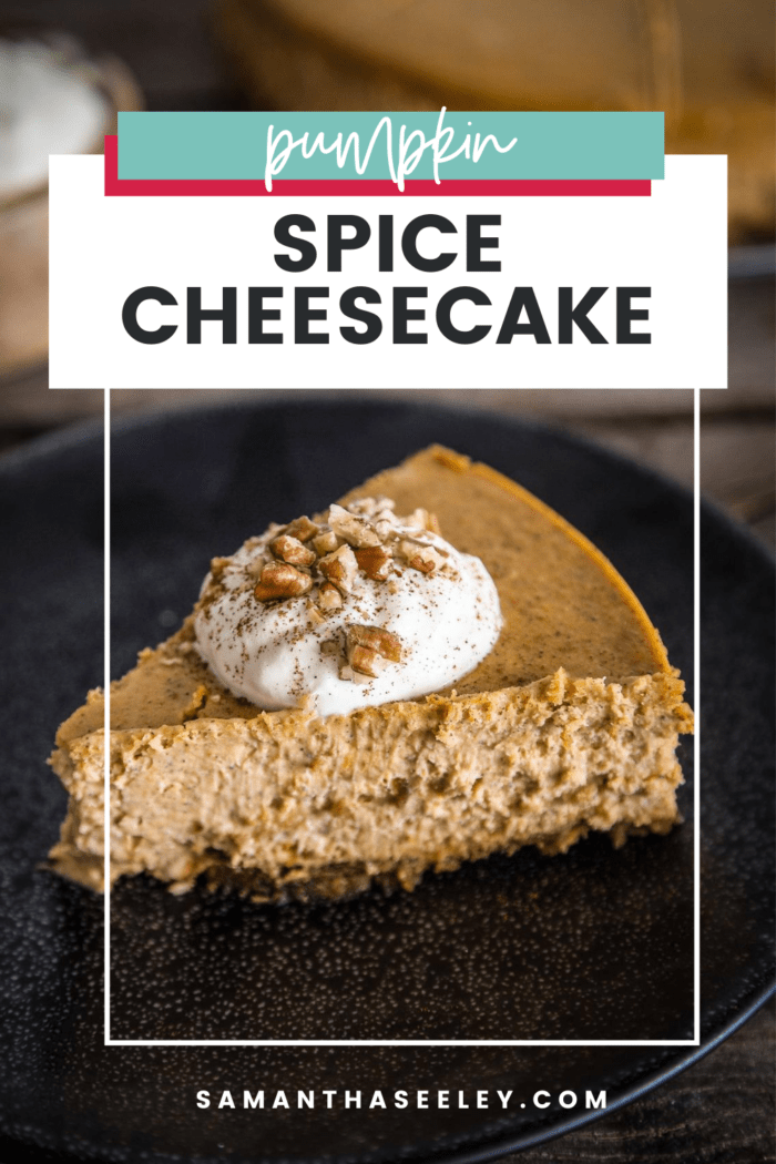 pumpkin cheesecake topped with whipped cream and pecans
