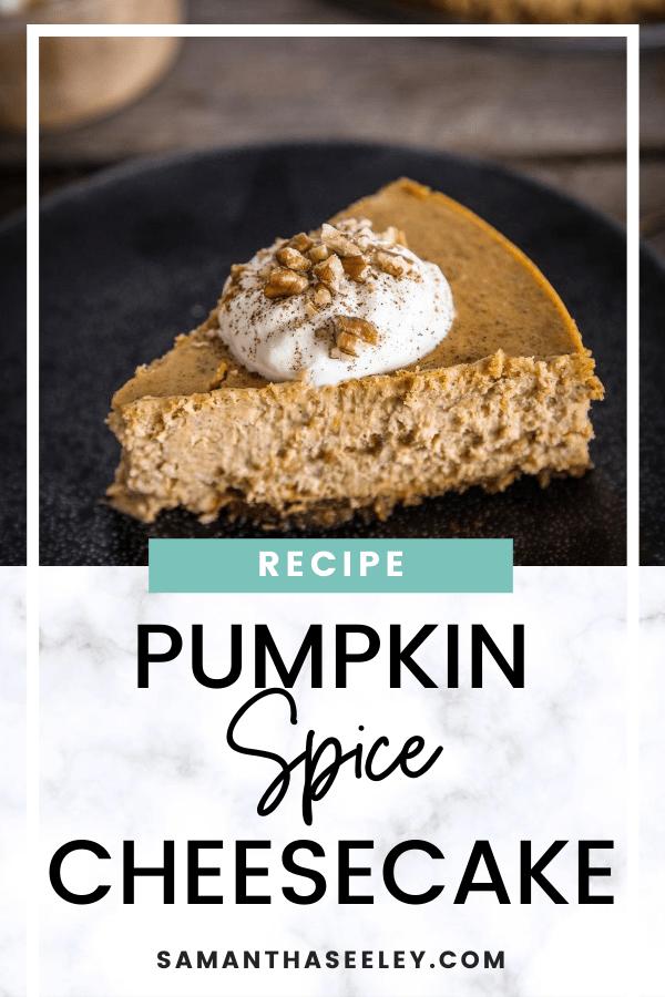 pumpkin cheesecake topped with whipped cream and pecans