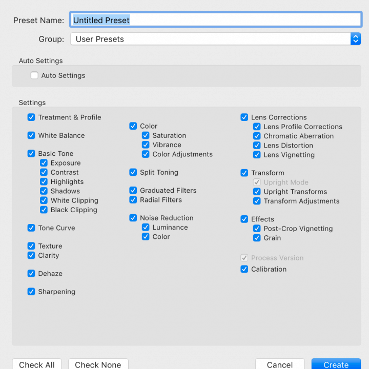 Preset Dialogue Box in Lightroom