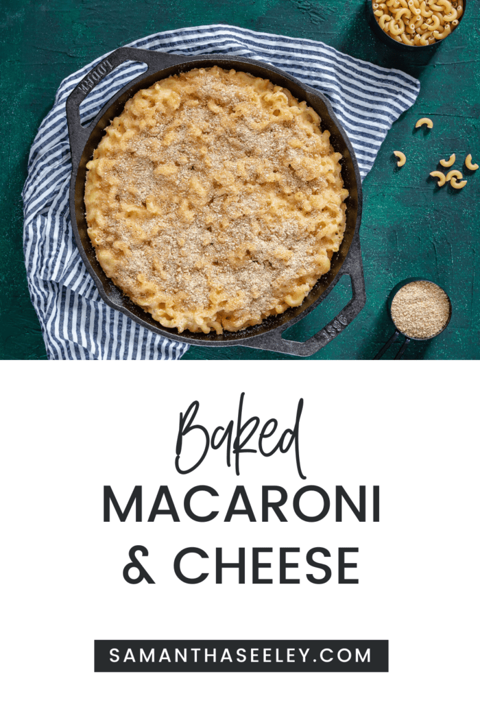 baked macaroni in cast iron skillet