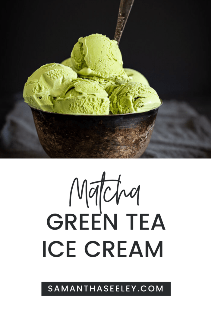 scoops of green tea ice cream in a bowl with a spoon