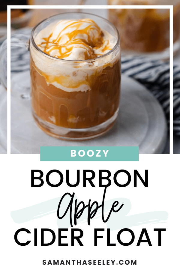 apple cider and bourbon with ice cream and caramel sauce drizzled on top