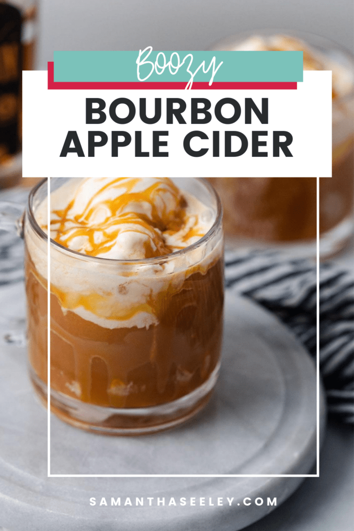 bourbon and apple cider with ice cream and caramel sauce on top