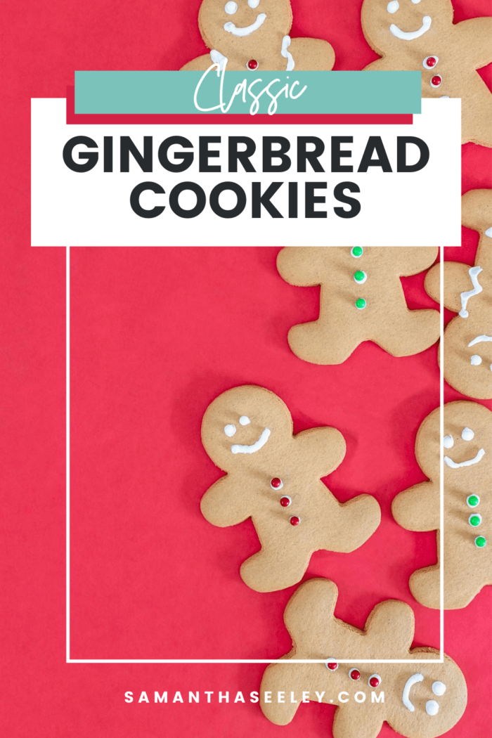 red background with classic gingerbread cookies with green and red buttons and frosting