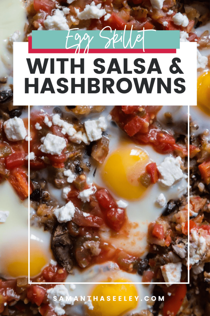 egg skillet with salsa, feta cheese, and hash brows