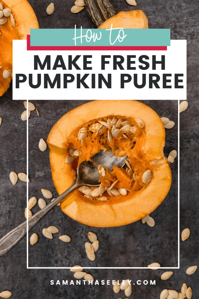 pumpkin cut in half with seeds and spoon