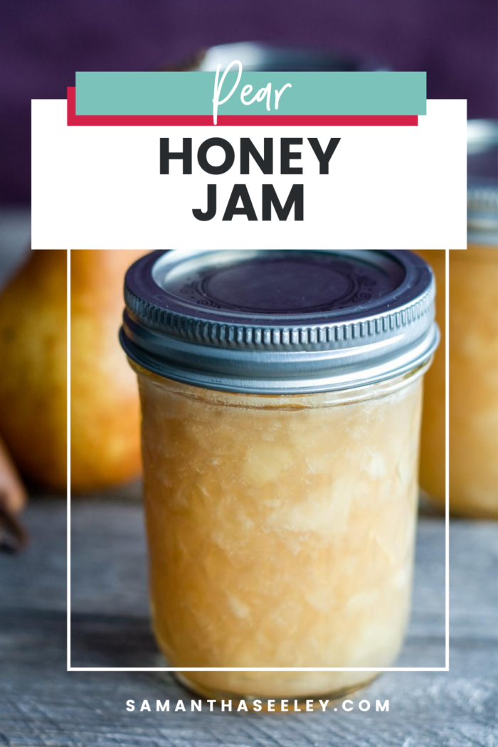 yellow jam jar with pears in background