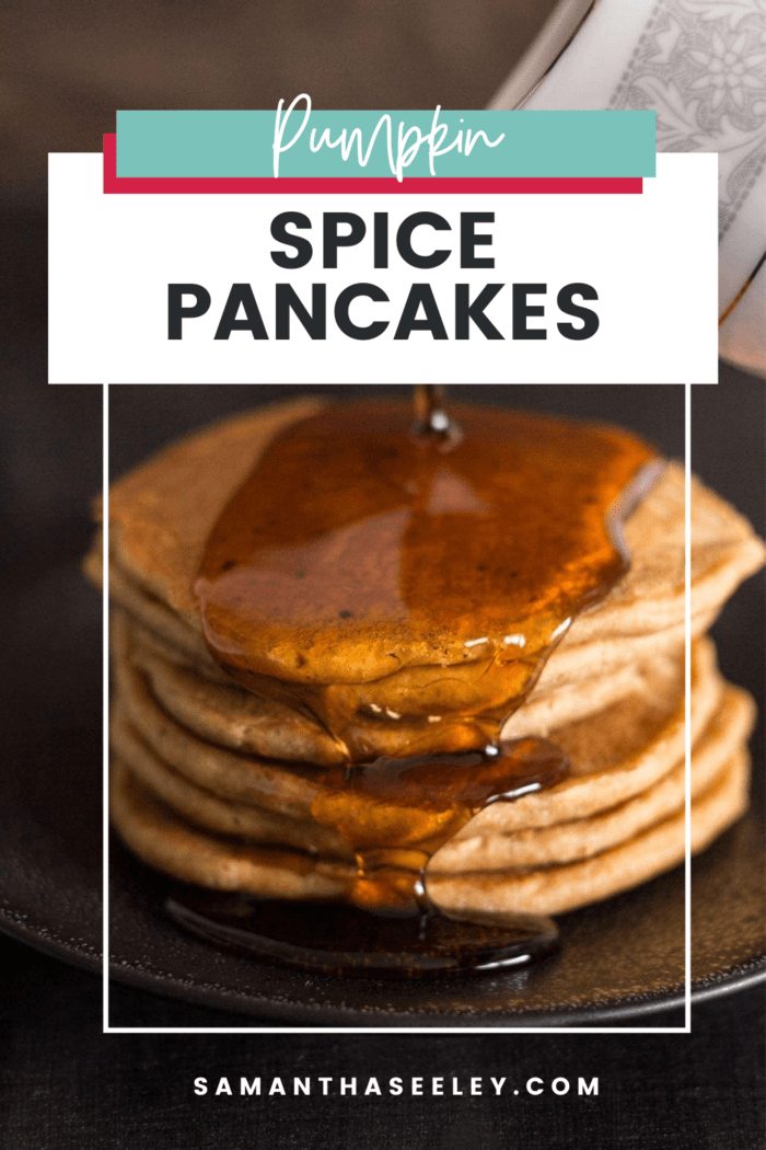 stack of pumpkin pancakes with syrup being poured